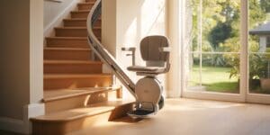 Curved stairlift installed on a bespoke curved staircase rail
