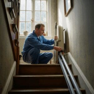 a-photograph-of-a-middle-aged-man-carefully installing a stairlift rental