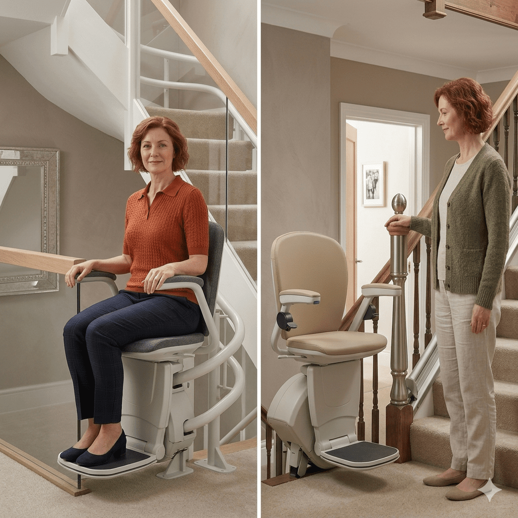 standing stairlift cost image of woman on a standing stairlift