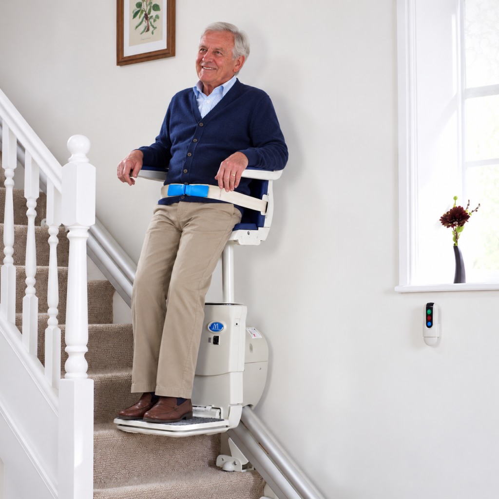 elderly man using a perching stairlift