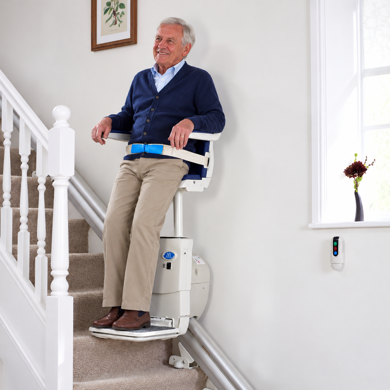 elderly man using a perching stairlift